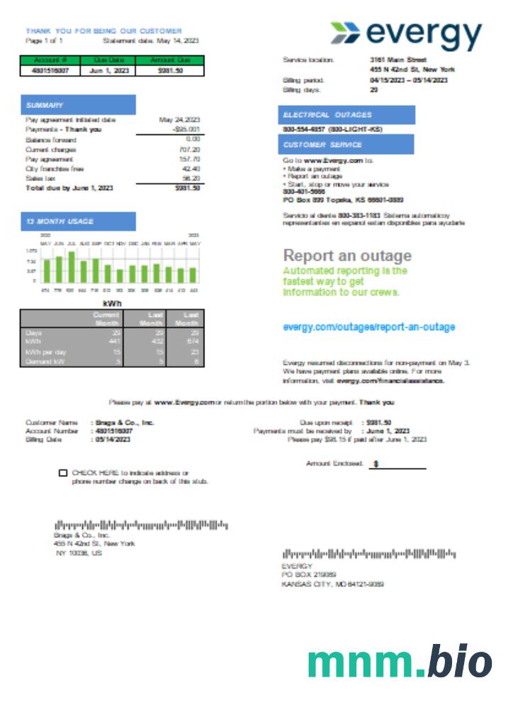Missouri Evergy electricity rachunek za usługi komunalne